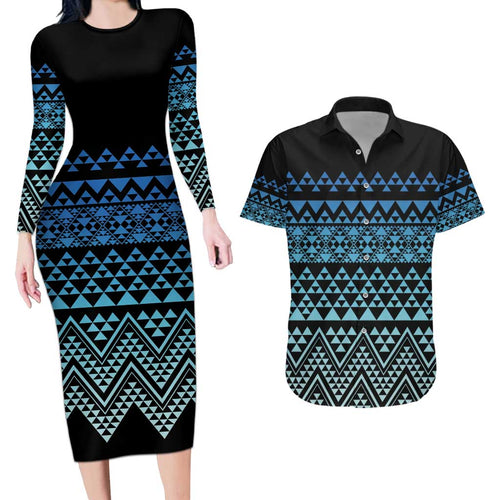 Maori Niho Taniwha Te Wheiao Couples Matching Long Sleeve Bodycon Dress and Hawaiian Shirt Moana Blue - Aussie Hoodie