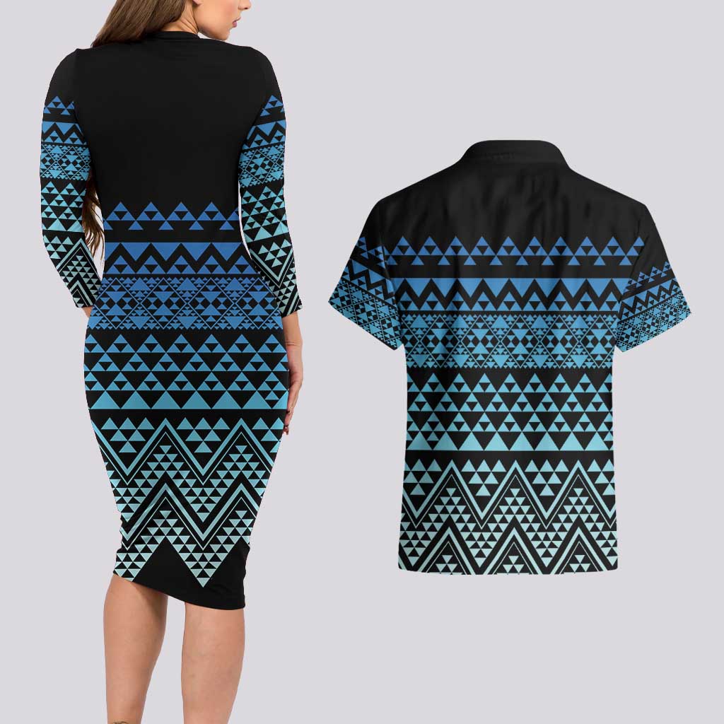 Maori Niho Taniwha Te Wheiao Couples Matching Long Sleeve Bodycon Dress and Hawaiian Shirt Moana Blue - Aussie Hoodie