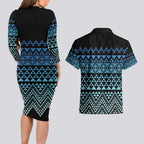Maori Niho Taniwha Te Wheiao Couples Matching Long Sleeve Bodycon Dress and Hawaiian Shirt Moana Blue - Aussie Hoodie