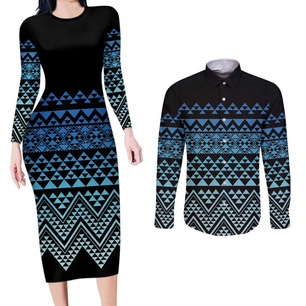 Maori Niho Taniwha Te Wheiao Couples Matching Long Sleeve Bodycon Dress and Long Sleeve Button Shirt Moana Blue - Aussie Hoodie