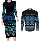 Maori Niho Taniwha Te Wheiao Couples Matching Long Sleeve Bodycon Dress and Long Sleeve Button Shirt Moana Blue - Aussie Hoodie