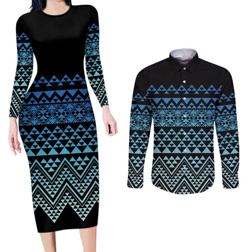 Maori Niho Taniwha Te Wheiao Couples Matching Long Sleeve Bodycon Dress and Long Sleeve Button Shirt Moana Blue - Aussie Hoodie