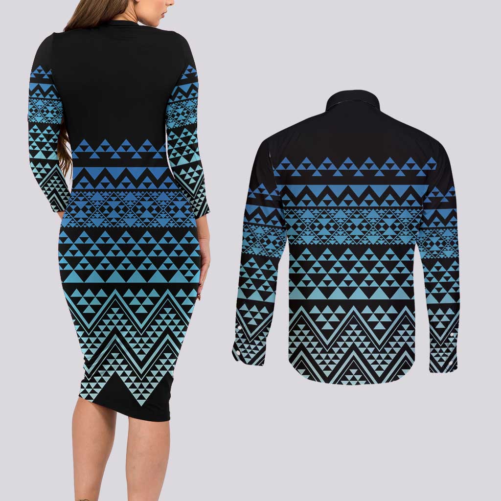 Maori Niho Taniwha Te Wheiao Couples Matching Long Sleeve Bodycon Dress and Long Sleeve Button Shirt Moana Blue - Aussie Hoodie