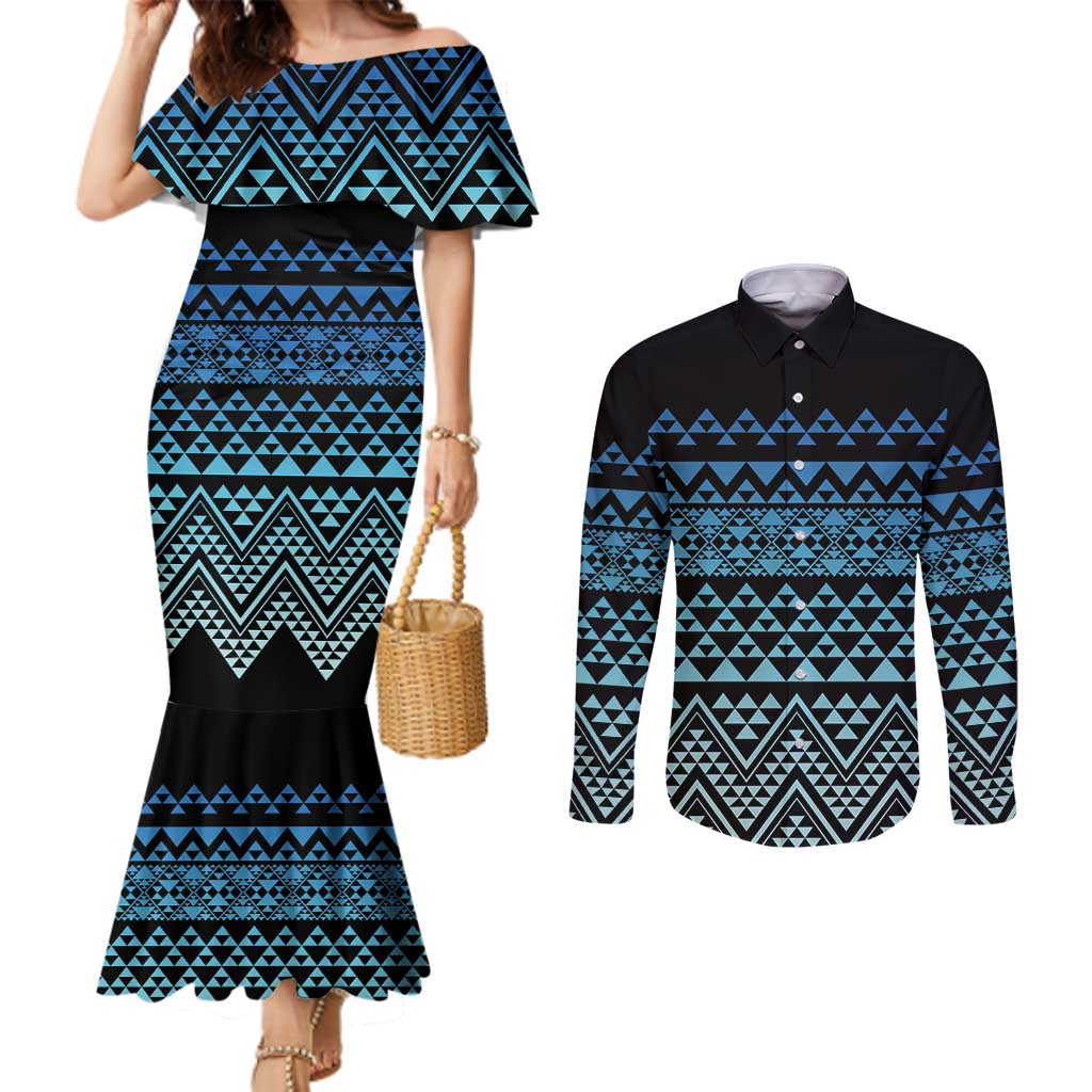 Maori Niho Taniwha Te Wheiao Couples Matching Mermaid Dress and Long Sleeve Button Shirt Moana Blue - Aussie Hoodie