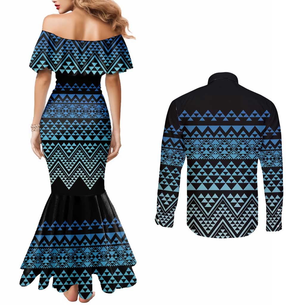 Maori Niho Taniwha Te Wheiao Couples Matching Mermaid Dress and Long Sleeve Button Shirt Moana Blue - Aussie Hoodie