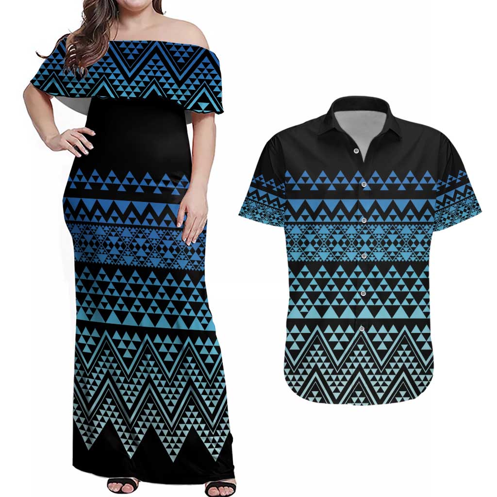Maori Niho Taniwha Te Wheiao Couples Matching Off Shoulder Maxi Dress and Hawaiian Shirt Moana Blue - Aussie Hoodie
