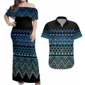 Maori Niho Taniwha Te Wheiao Couples Matching Off Shoulder Maxi Dress and Hawaiian Shirt Moana Blue - Aussie Hoodie