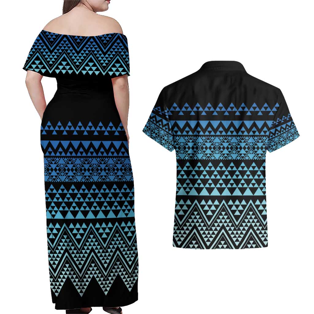 Maori Niho Taniwha Te Wheiao Couples Matching Off Shoulder Maxi Dress and Hawaiian Shirt Moana Blue - Aussie Hoodie