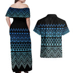 Maori Niho Taniwha Te Wheiao Couples Matching Off Shoulder Maxi Dress and Hawaiian Shirt Moana Blue - Aussie Hoodie