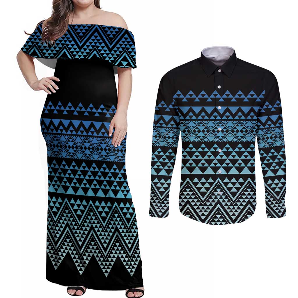 Maori Niho Taniwha Te Wheiao Couples Matching Off Shoulder Maxi Dress and Long Sleeve Button Shirt Moana Blue - Aussie Hoodie