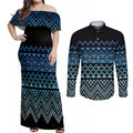 Maori Niho Taniwha Te Wheiao Couples Matching Off Shoulder Maxi Dress and Long Sleeve Button Shirt Moana Blue - Aussie Hoodie