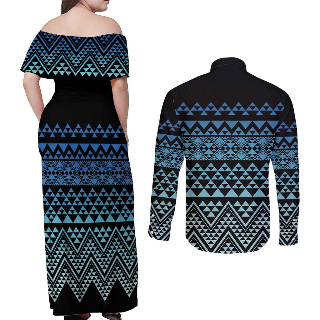 Maori Niho Taniwha Te Wheiao Couples Matching Off Shoulder Maxi Dress and Long Sleeve Button Shirt Moana Blue - Aussie Hoodie