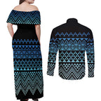 Maori Niho Taniwha Te Wheiao Couples Matching Off Shoulder Maxi Dress and Long Sleeve Button Shirt Moana Blue - Aussie Hoodie
