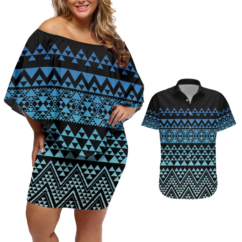 Maori Niho Taniwha Te Wheiao Couples Matching Off Shoulder Short Dress and Hawaiian Shirt Moana Blue - Aussie Hoodie