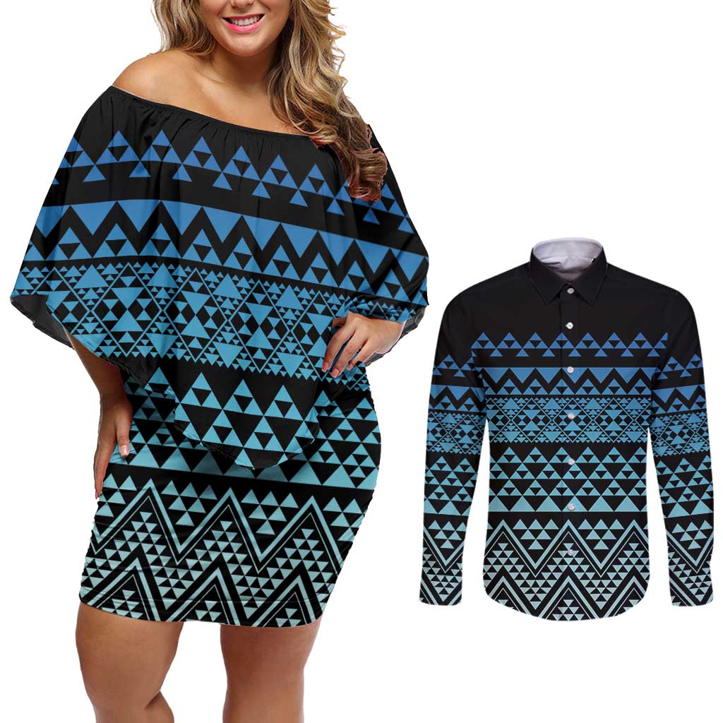 Maori Niho Taniwha Te Wheiao Couples Matching Off Shoulder Short Dress and Long Sleeve Button Shirt Moana Blue - Aussie Hoodie