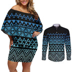 Maori Niho Taniwha Te Wheiao Couples Matching Off Shoulder Short Dress and Long Sleeve Button Shirt Moana Blue - Aussie Hoodie