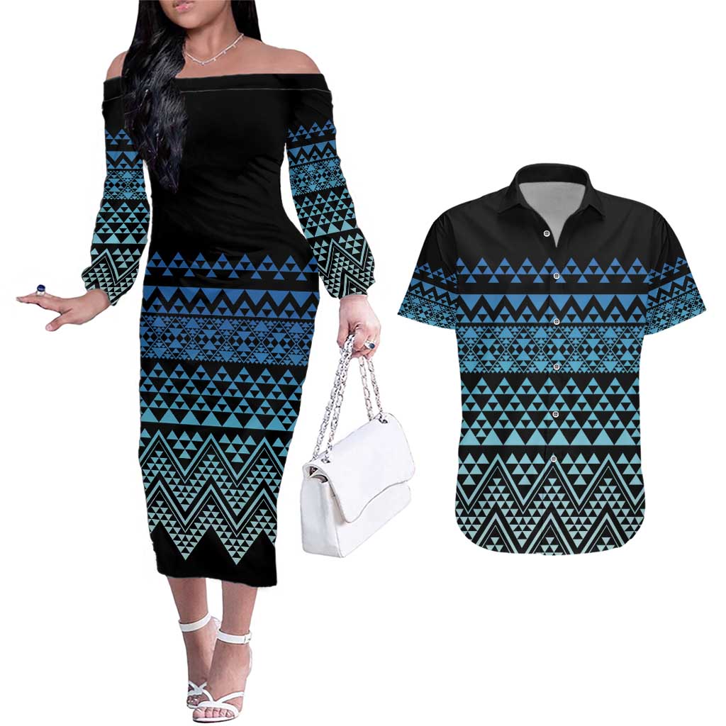 Maori Niho Taniwha Te Wheiao Couples Matching Off The Shoulder Long Sleeve Dress and Hawaiian Shirt Moana Blue - Aussie Hoodie