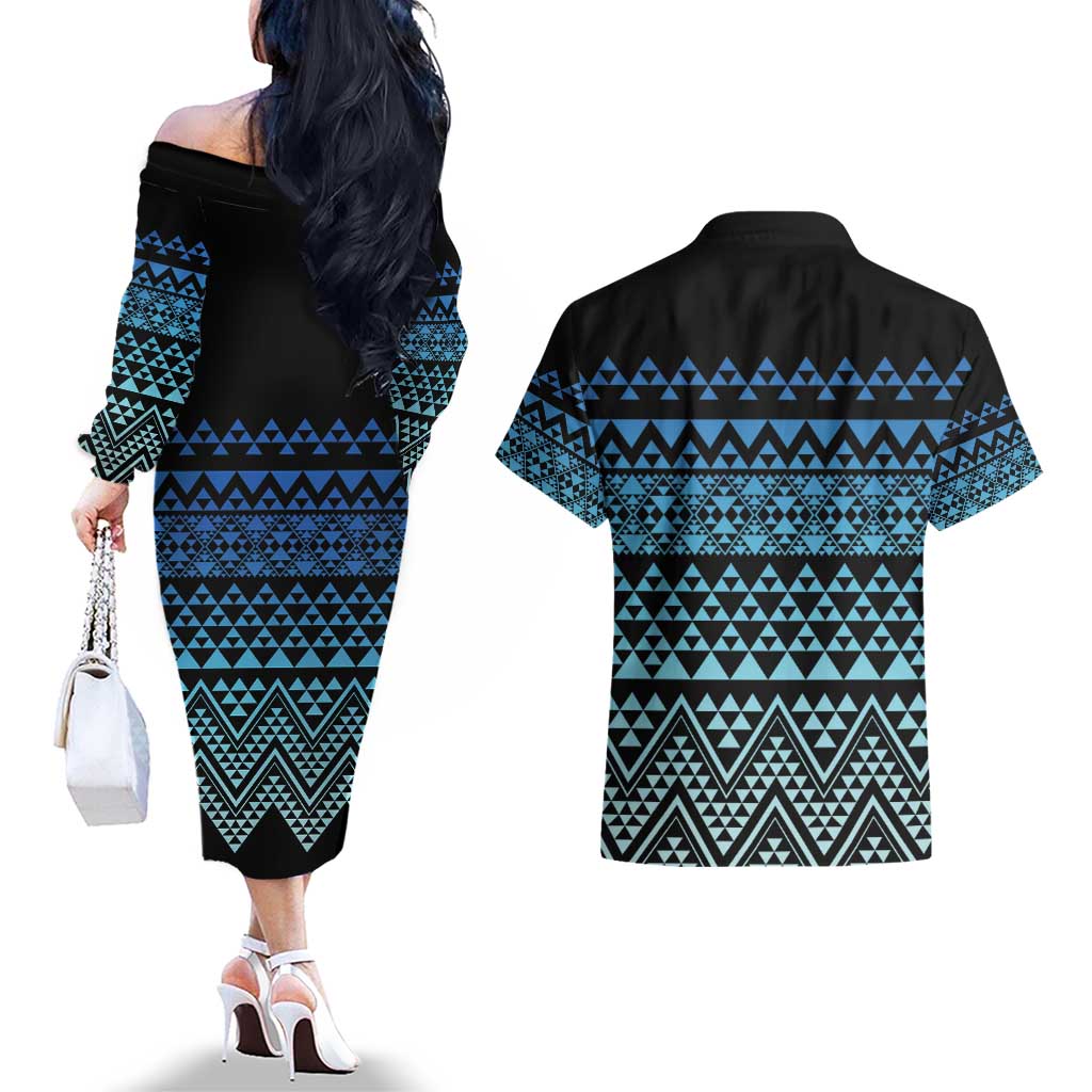 Maori Niho Taniwha Te Wheiao Couples Matching Off The Shoulder Long Sleeve Dress and Hawaiian Shirt Moana Blue - Aussie Hoodie