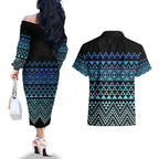 Maori Niho Taniwha Te Wheiao Couples Matching Off The Shoulder Long Sleeve Dress and Hawaiian Shirt Moana Blue - Aussie Hoodie