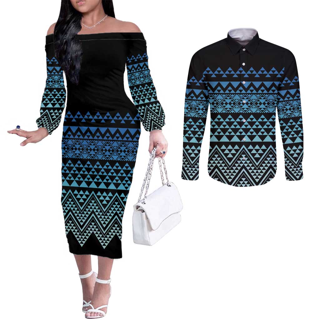 Maori Niho Taniwha Te Wheiao Couples Matching Off The Shoulder Long Sleeve Dress and Long Sleeve Button Shirt Moana Blue - Aussie Hoodie