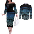Maori Niho Taniwha Te Wheiao Couples Matching Off The Shoulder Long Sleeve Dress and Long Sleeve Button Shirt Moana Blue - Aussie Hoodie