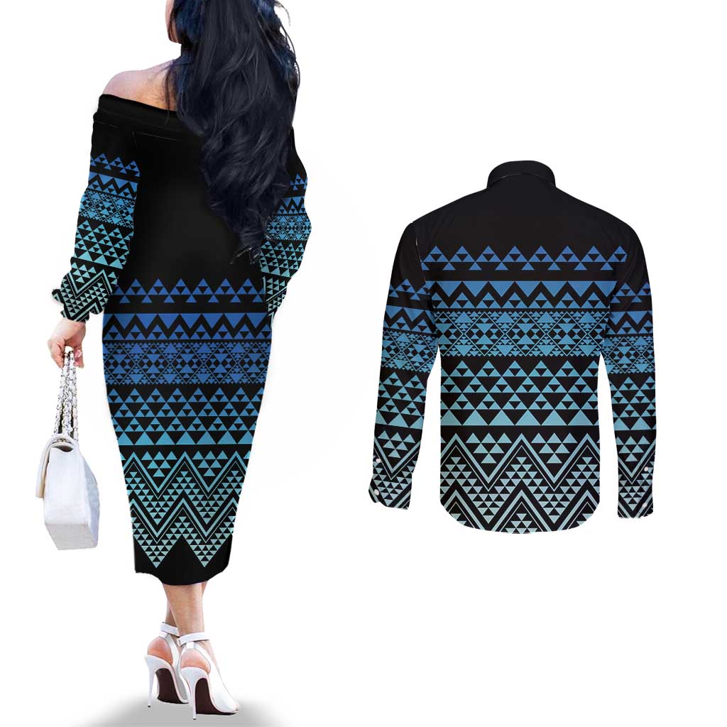 Maori Niho Taniwha Te Wheiao Couples Matching Off The Shoulder Long Sleeve Dress and Long Sleeve Button Shirt Moana Blue - Aussie Hoodie