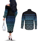 Maori Niho Taniwha Te Wheiao Couples Matching Off The Shoulder Long Sleeve Dress and Long Sleeve Button Shirt Moana Blue - Aussie Hoodie
