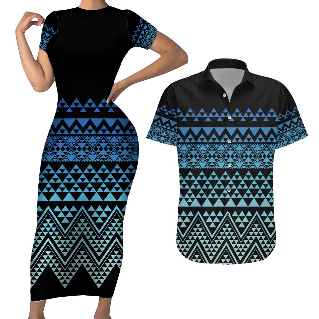 Maori Niho Taniwha Te Wheiao Couples Matching Short Sleeve Bodycon Dress and Hawaiian Shirt Moana Blue - Aussie Hoodie
