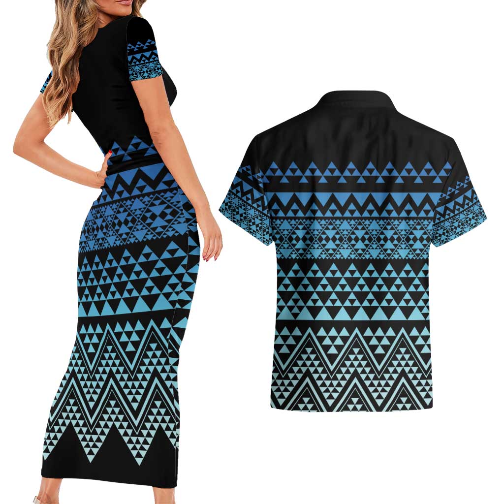 Maori Niho Taniwha Te Wheiao Couples Matching Short Sleeve Bodycon Dress and Hawaiian Shirt Moana Blue - Aussie Hoodie