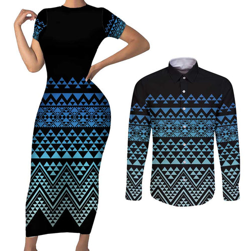 Maori Niho Taniwha Te Wheiao Couples Matching Short Sleeve Bodycon Dress and Long Sleeve Button Shirt Moana Blue - Aussie Hoodie