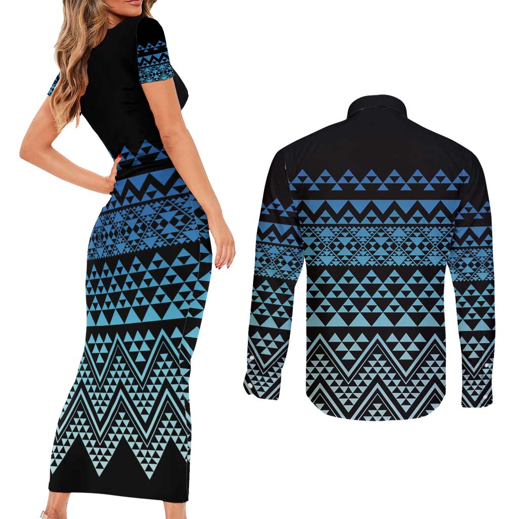 Maori Niho Taniwha Te Wheiao Couples Matching Short Sleeve Bodycon Dress and Long Sleeve Button Shirt Moana Blue - Aussie Hoodie
