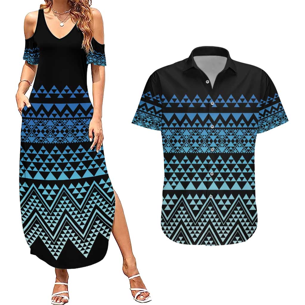 Maori Niho Taniwha Te Wheiao Couples Matching Summer Maxi Dress and Hawaiian Shirt Moana Blue - Aussie Hoodie