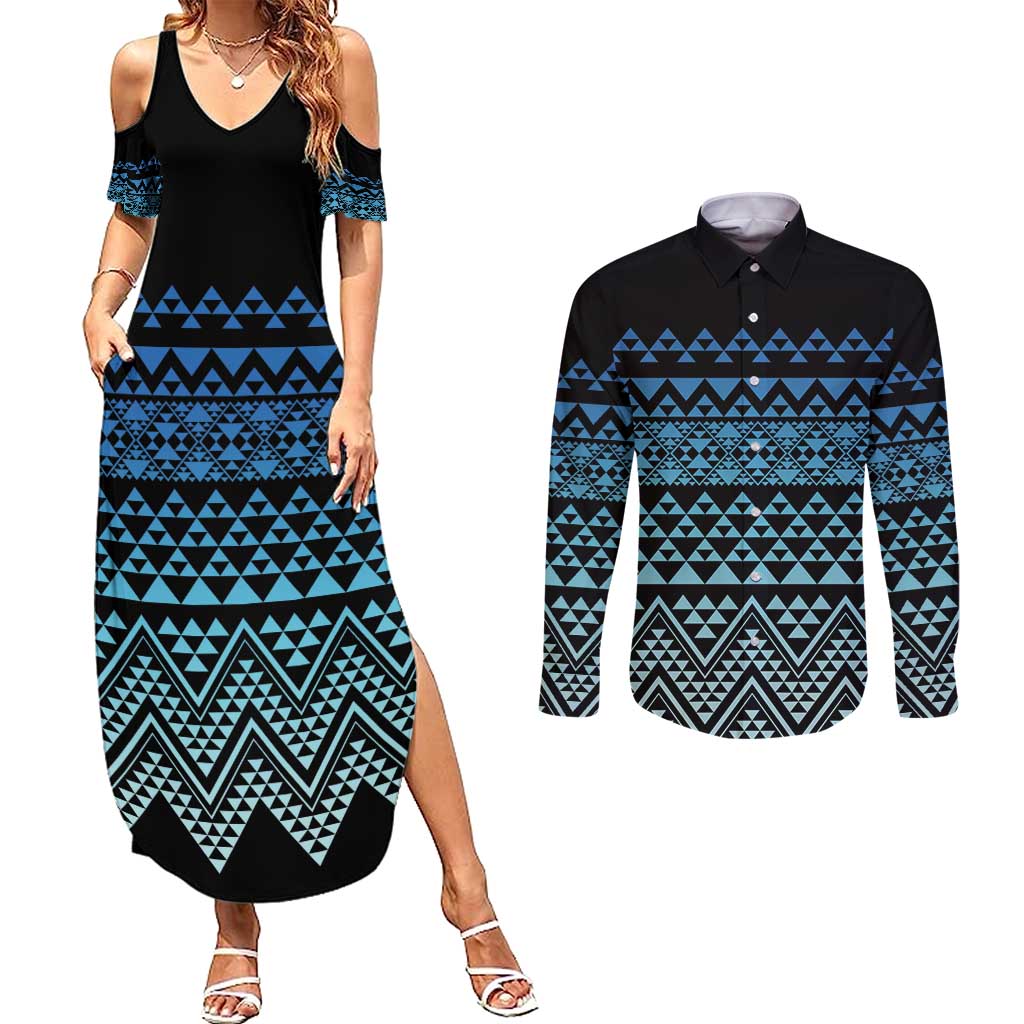 Maori Niho Taniwha Te Wheiao Couples Matching Summer Maxi Dress and Long Sleeve Button Shirt Moana Blue - Aussie Hoodie