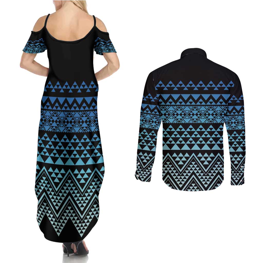 Maori Niho Taniwha Te Wheiao Couples Matching Summer Maxi Dress and Long Sleeve Button Shirt Moana Blue - Aussie Hoodie