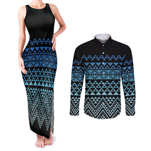 Maori Niho Taniwha Te Wheiao Couples Matching Tank Maxi Dress and Long Sleeve Button Shirt Moana Blue - Aussie Hoodie
