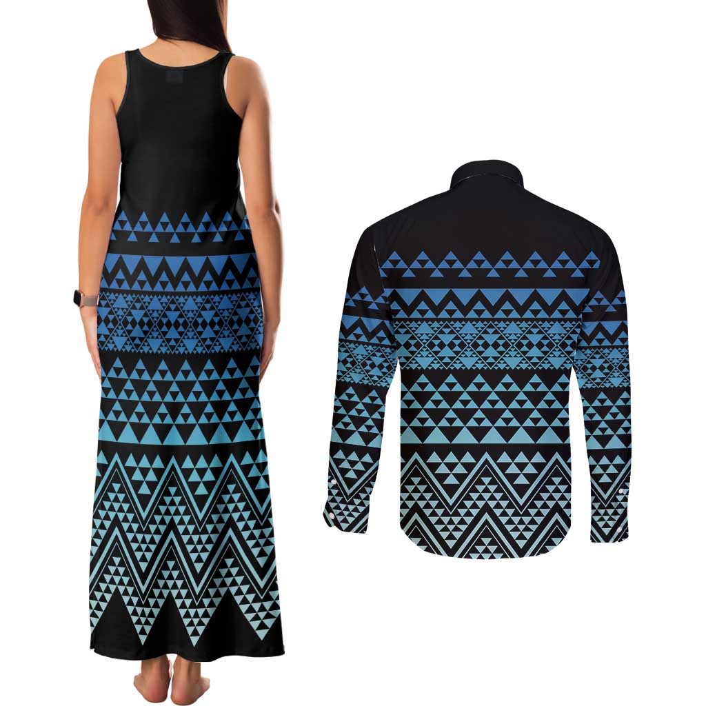Maori Niho Taniwha Te Wheiao Couples Matching Tank Maxi Dress and Long Sleeve Button Shirt Moana Blue - Aussie Hoodie