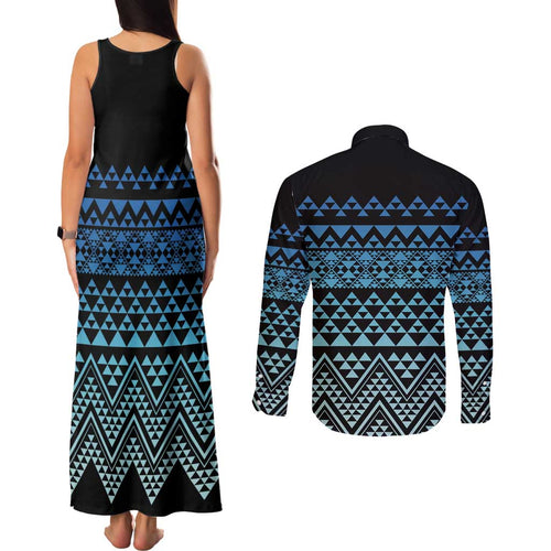 Maori Niho Taniwha Te Wheiao Couples Matching Tank Maxi Dress and Long Sleeve Button Shirt Moana Blue - Aussie Hoodie