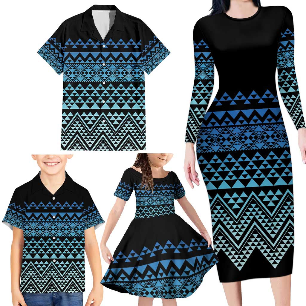 Maori Niho Taniwha Te Wheiao Family Matching Long Sleeve Bodycon Dress and Hawaiian Shirt Moana Blue - Aussie Hoodie