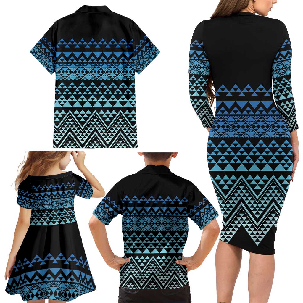 Maori Niho Taniwha Te Wheiao Family Matching Long Sleeve Bodycon Dress and Hawaiian Shirt Moana Blue - Aussie Hoodie