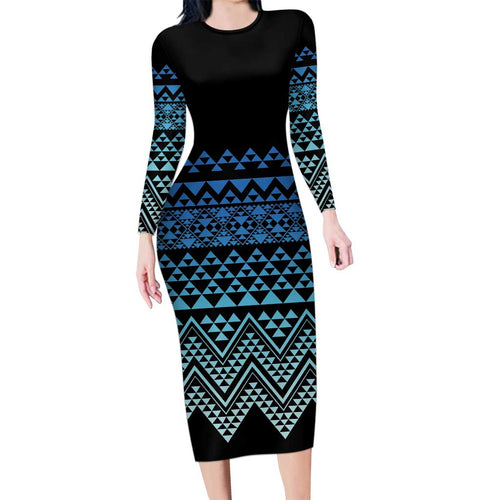 Maori Niho Taniwha Te Wheiao Family Matching Long Sleeve Bodycon Dress and Hawaiian Shirt Moana Blue - Aussie Hoodie