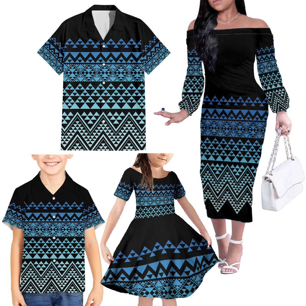 Maori Niho Taniwha Te Wheiao Family Matching Off The Shoulder Long Sleeve Dress and Hawaiian Shirt Moana Blue - Aussie Hoodie