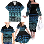 Maori Niho Taniwha Te Wheiao Family Matching Off The Shoulder Long Sleeve Dress and Hawaiian Shirt Moana Blue - Aussie Hoodie