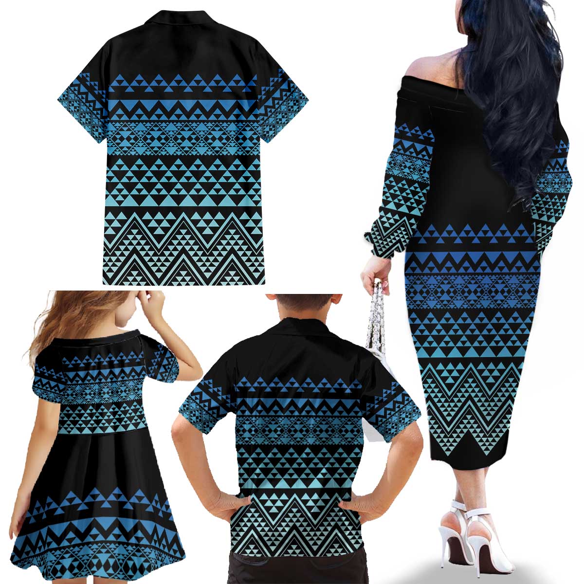 Maori Niho Taniwha Te Wheiao Family Matching Off The Shoulder Long Sleeve Dress and Hawaiian Shirt Moana Blue - Aussie Hoodie