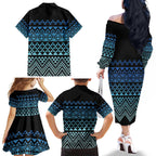 Maori Niho Taniwha Te Wheiao Family Matching Off The Shoulder Long Sleeve Dress and Hawaiian Shirt Moana Blue - Aussie Hoodie
