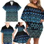 Maori Niho Taniwha Te Wheiao Family Matching Off Shoulder Short Dress and Hawaiian Shirt Moana Blue - Aussie Hoodie