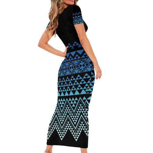 Maori Niho Taniwha Te Wheiao Family Matching Short Sleeve Bodycon Dress and Hawaiian Shirt Moana Blue - Aussie Hoodie