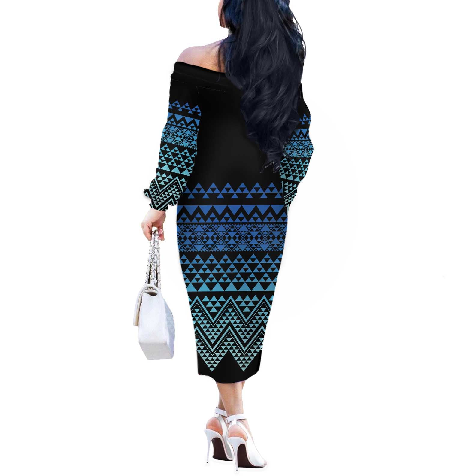 Maori Niho Taniwha Te Wheiao Off The Shoulder Long Sleeve Dress Moana Blue - Aussie Hoodie