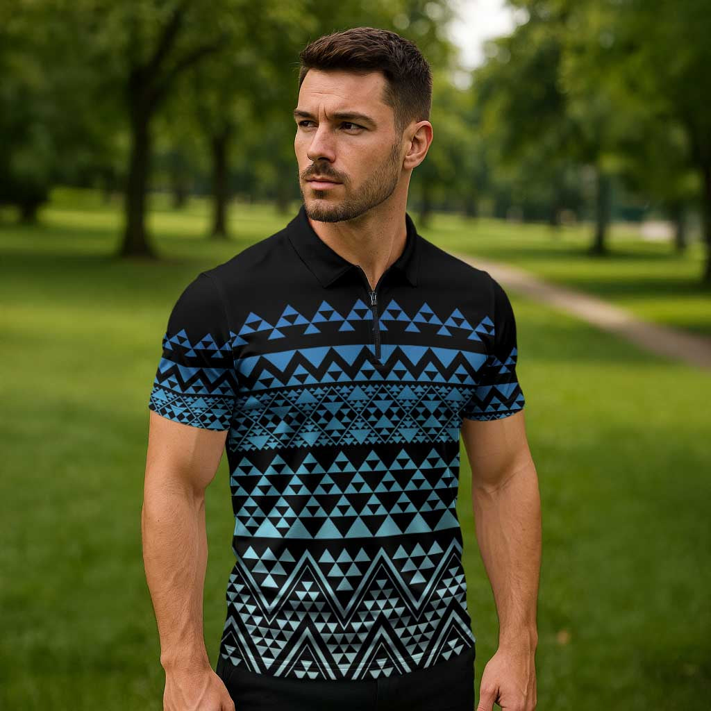 Maori Niho Taniwha Te Wheiao Zipper Polo Shirt Moana Blue - Aussie Hoodie