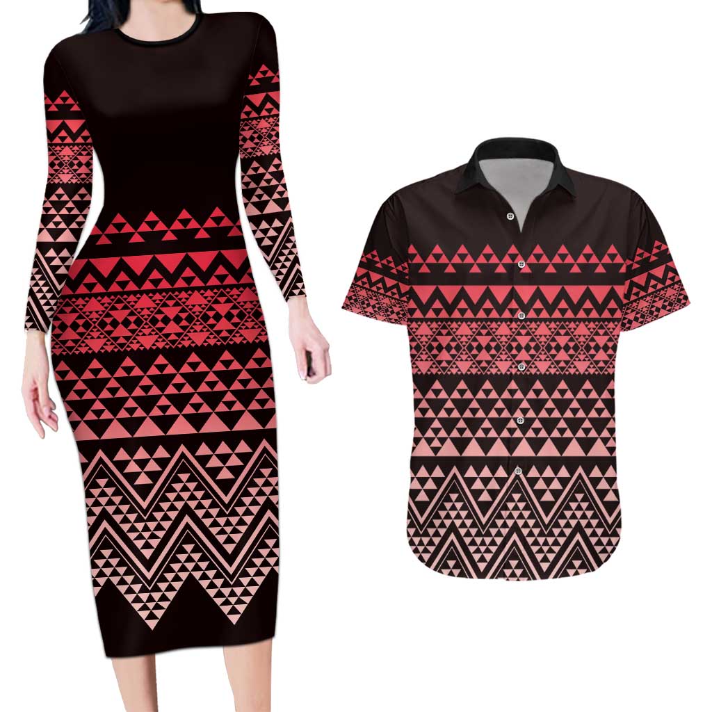 Maori Niho Taniwha Te Wheiao Couples Matching Long Sleeve Bodycon Dress and Hawaiian Shirt Terracotta - Aussie Hoodie