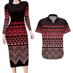 Maori Niho Taniwha Te Wheiao Couples Matching Long Sleeve Bodycon Dress and Hawaiian Shirt Terracotta - Aussie Hoodie